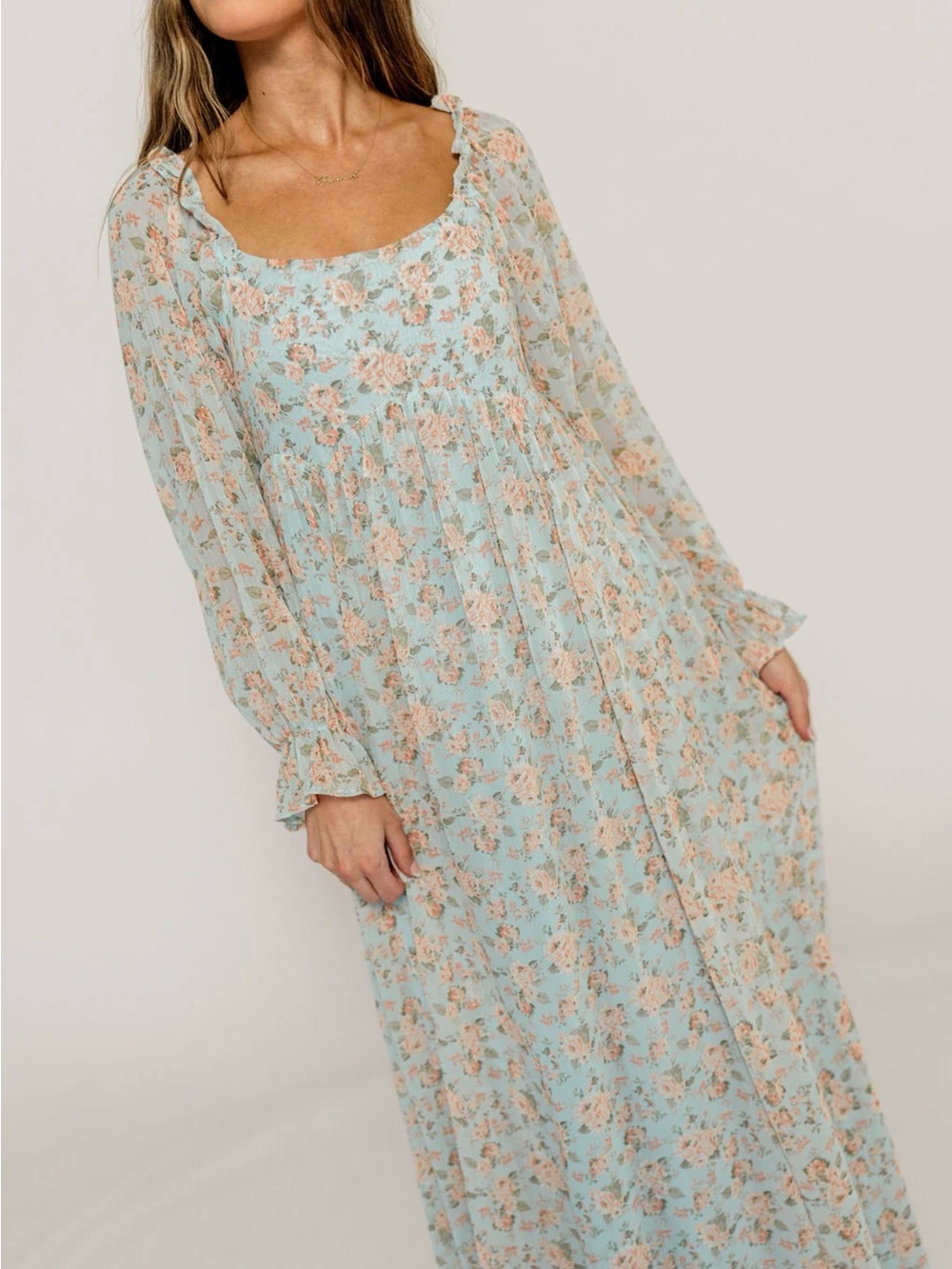 Worth Collective Light Blue Floral Maxi Dress with Puff Sleeves - Picture 2 of 2